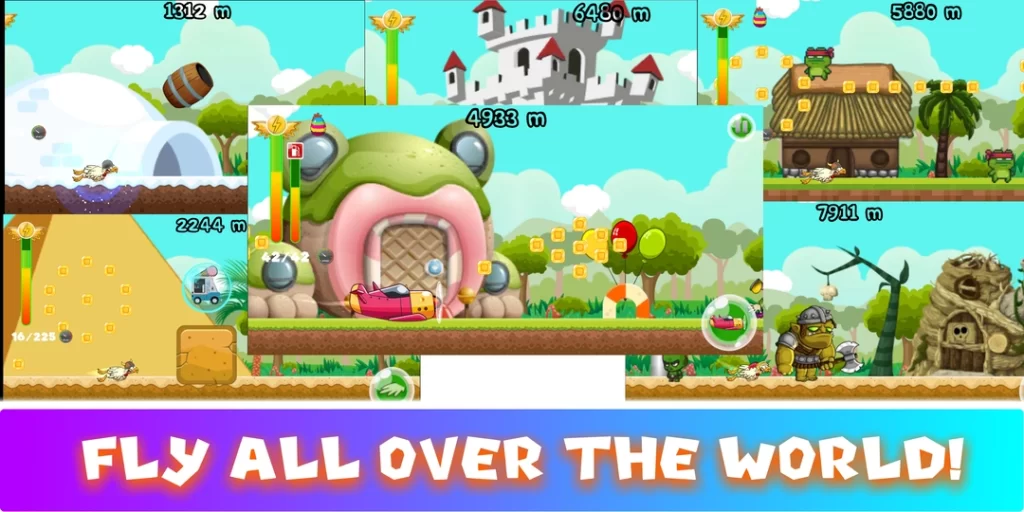 Fly through colorful worlds in Chicken Cannon mobile game – explore Frosty Town, Pixel Town and more!